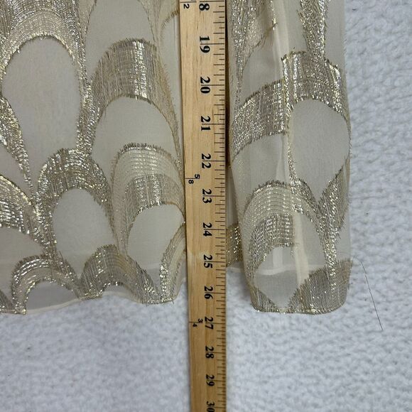 White House Black Market Silk Tank Top Sz L Gold Metallic Scallop Pattern Blouse - Picture 12 of 13